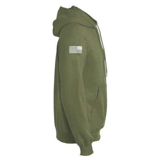 Geissele Angry Snake Bolt Hooded Sweatshirt in OD Green with American flag logo on the sleeve